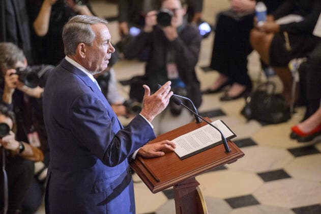 Former Speaker of the House of Representatives John Boehner speaks during the portrait unveiling ceremony for .current Speaker of the House Nancy Pelosi, D-CA, in Statuary Hall at the U.S. Capitol in Washington, DC on Wednesday, December 14, 2022. Pelosi is the first female speaker of the house.  WAP20221214333 BONNIExCASH