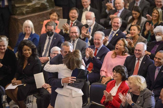 Former Speaker of the House of Representatives John Boehner embraces current Speaker of the House Nancy Pelosi, D-CA, during her portrait unveiling ceremony in Statuary Hall at the U.S. Capitol in Washington, DC on Wednesday, December 14, 2022. Pelosi is the first female speaker of the house.  WAP20221214336 BONNIExCASH