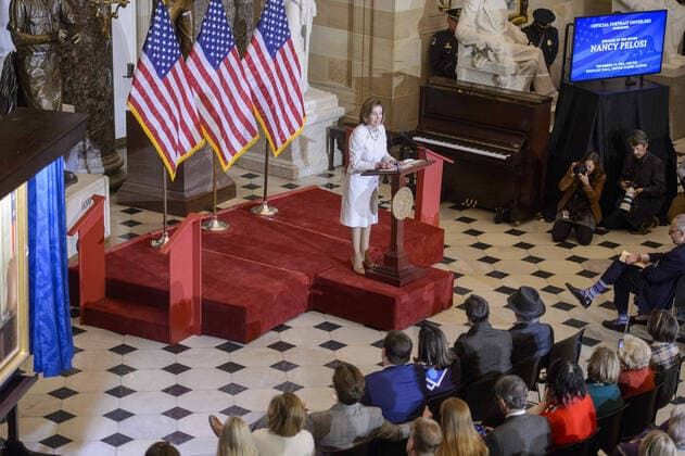 Speaker of the House Nancy Pelosi, D-CA, speaks during her portrait unveiling ceremony in Statuary Hall at the U.S. Capitol in Washington, DC on Wednesday, December 14, 2022. Pelosi is the first female speaker of the house.  WAP20221214345 BONNIExCASH