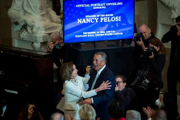 December 14, 2022, Washington, District of Columbia, USA: Speaker of the United States House of Representatives Nancy Pelosi (Democrat of California) is embraced by former House Speaker John Boehner during a portrait unveiling ceremony honoring her in Statuary Hall at the US Capitol in Washington, DC, Wednesday, December 14, 2022 Washington USA - ZUMAs152 20221214_zaa_s152_121 Copyright: xRodxLamkeyx