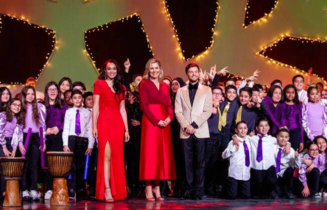 15-12-2022 Queen Maxima with Romy Monteiro and Buddy Vedder attend the recordings of the Christmas Music Gala in Amsterdam where young musical talents perform together with well-known artists such as Edsilia Rombley, Karsu, Kris Kross Amsterdam and OG3NE. The largest school band in the Netherlands will appear again this year in this dazzling Christmas show. Â  Copyright: xPPEx