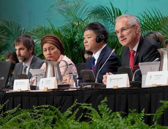 December 15, 2022, Montreal, PQ, Canada: Csaba Korosi, right, 77th President of the UN General Assembly, speaks at the opening of the high level segment at the COP15 biodiversity conference as Canada s Environment Minister, Steven Guilbeault, left, Amina Mohammed, Deputy Secretary General of the United Nations, and Chair Huang Runqiu, Chinese Minister of Ecology and Environment, look on in Montreal, Thursday, Dec. 15, 2022. Montreal Canada - ZUMAc35_ 20221215_zaf_c35_136 Copyright: xRyanxRemiorzx