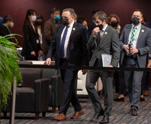 December 15, 2022, Montreal, PQ, Canada: Quebec Premier Francois Legault, and Canada s Environment Minister, Steven Guilbeault, arrive for the opening of the high level segment at the COP15 biodiversity conference, in Montreal, Thursday, Dec. 15, 2022. Montreal Canada - ZUMAc35_ 20221215_zaf_c35_138 Copyright: xRyanxRemiorzx