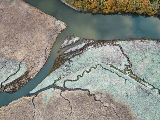 Creative Highlights World Blick von oben über das Sumpfgebiet des in Frost gehüllten Flusses Teign bei Morgensonne aus einer Drohne, Newton Abbot, Devon, England, Großbritannien, Europa *** View from above via the Swamp area of in Frost gehüllten River Teign at Morning sun from a Drone, Newton abbot devon, England, Great Britain, Europe Copyright: imageBROKER/MaciejxOlszewski ibxmao08887903.jpg