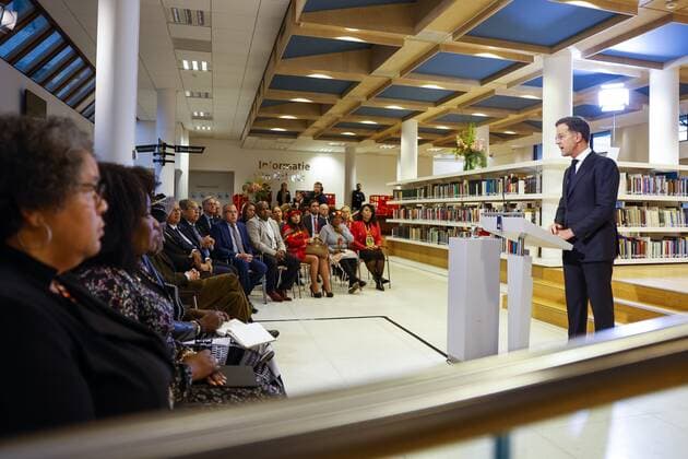 Den Haag, Mark Rutte entschuldigt für die Rolle der Niederlande in der Geschichte der Sklaverei THE HAGUE - Prime Minister Mark Rutte gives a speech in which a government response is given to the report Chains of the Past by the Advisory Board Dialogue Group Slavery Past. Rutte gave the speech at the National Archives in The Hague. ANP ROBIN VAN LONKHUIJSEN netherlands out - belgium out