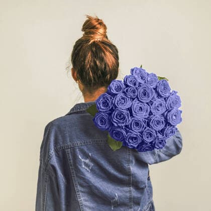 Creative Highlights Symbolbilder Back view of woman, holding Classic Blue roses Back view of young woman in denim jacket holding bunch of violet roses on shoulder. Girl with bun updo in jeans holding flowers in very peri color 2022. Copy space. Demonstrating color of 2022 year Copyright: xZoonar.com OlgaxSergeevax 17904347 ,model released, Symbolfoto ,property released
