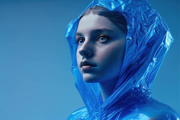 AI GENERATED IMAGE Creative Highlights Symbolbilder Portrait of woman dressed in blue plastics while looking away on blue background. Generative AI, Property released MarcosOsorio_ID10747_325417_005 Copyright: xMarcosxOsoriox Model Released