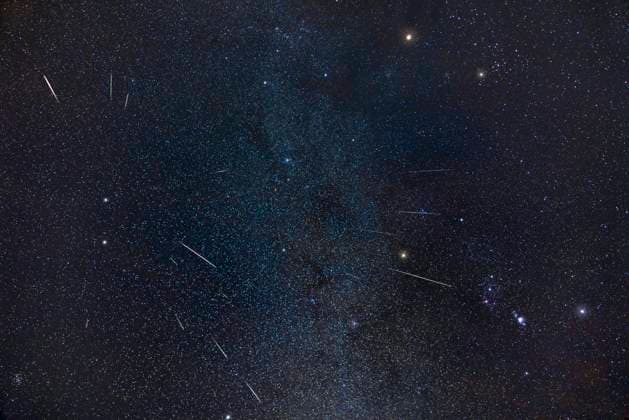 The Geminid meteor shower of 2022, showing the radiant point in Gemini at left, above Castor and Pollux. Orion is at lower right. Mars in Taurus is at top, to the left of Aldebaran and the Hyades star cluster. The M44 Beehive star cluster is in the lower left corner. Small star clusters in Gemini (M35) and Auriga (M36, M37, M38) are at top. I shot the images for this composite from home in Alberta on December 14, 2022, the night after the peak night, which of course was cloudy. The temperature was about -15Â° C. A heater band on the lens kept the frost off. I had to change the camera battery once during the evening s shoot. Alberta Canada Copyright: xAlanxDyerx ADY-GeminidMeteorShower2