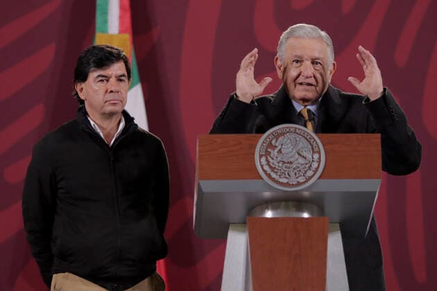 AndrÃ s Manuel Lopez Obrador, President Of Mexico, Holds His Last Mananera (press Conference) Of The Year 2022. He Will Continue With The Same Daily Dynamic Until The End Of His Mandate. Jesus Ramirez Cuevas (left), general coordinator of social communication and spokesperson for the Mexican government; and Andres Manuel Lopez Obrador (right), president of Mexico, during the 1017th mananera (press conference) of the year 2022 at the National Palace in Mexico City. The Mexican president estimated that, for the rest of his six-year term, the country will grow at an annual rate of 3% in order for the country to recover from the fall generated by the pandemic. He also announced the upcoming inauguration of the Mexico-Toluca Interurban Trai  Copyright: xGerardoxVieyrax originalFilename: vieyra-notitle221230_npImn.jpg
