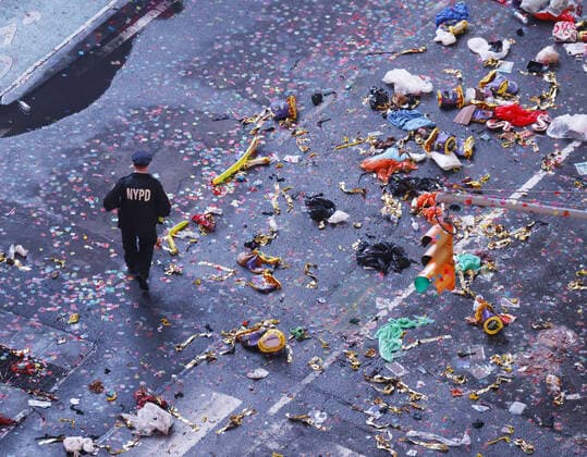 News Themen der Woche KW52 An NYPD Police officer walks through confetti and party items that remain on the street after the New Year s Eve celebration in Times Square in New York City on Sunday, January 1, 2023. An estimated one billion people watched throughout the world as the traditional Waterford Crystal ball will drop bringing in the year 2023.  NYP20221231137 JOHNxANGELILLO