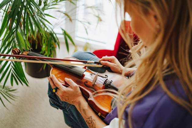 Violinist holding violin sitting in front of potted plant at studio model released, Symbolfoto property released, MDOF00305