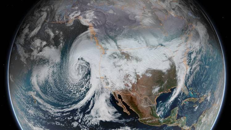 News Themen der Woche KW01 News Bilder des Tages USA, Satellitenbild zeit Wirbelsturm der sich Kalifornien nähert January 4, 2023, California, USA: Parts of drought-plagued California are facing an onslaught of powerful storms to start the new year, bringing flooding rainfall and even mud and debris flows to the state. The latest in the series of storms are expected to reach the coast Wednesday morning, and while the entire state will see impacts by the end of Thursday, Northern California and the Bay Area are likely to see the worst of the weather. A so-called bomb cyclone over the Pacific Ocean named because of how rapidly it intensifies over a short period of time, will sling a series of fronts at the West Coast. These fronts are being super-fueled with tropical moisture from a potent atmospheric river that stretches west to Hawaii. USA - ZUMAz03_ 20230104_shm_z03_789 Copyright: xNOAAx