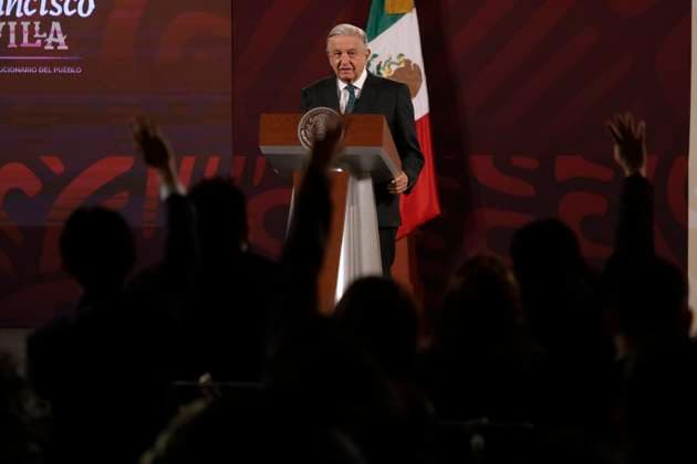 President of Mexico offers press conference before reporters January 4, 2023, Mexico City, Mexico: Mexican President Andres Manuel Lopez Obrador gives a press conference to reporters at the National Palace in Mexico City. on January 4, 2023 in Mexico City, Mexico. (Photo by Luis Barron Eyepix Group). Copyright: xLuisxBarronx xEyepixxGroupx _MG_9309