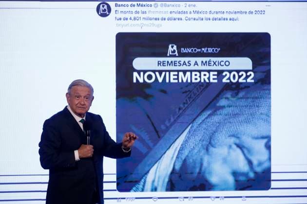 President of Mexico offers press conference before reporters January 4, 2023, Mexico City, Mexico: Mexican President Andres Manuel Lopez Obrador gives a press conference to reporters at the National Palace in Mexico City. on January 4, 2023 in Mexico City, Mexico. (Photo by Luis Barron Eyepix Group). Copyright: xLuisxBarronx xEyepixxGroupx _MG_9562