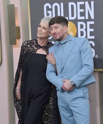 (L-R) Jamie Lee Curtis and Barry Keoghan arrive for the 80th annual Golden Globe Awards at the Beverly Hilton in Beverly Hills, California on Tuesday, January 10, 2023.  LAP20230110131 JIMxRUYMEN