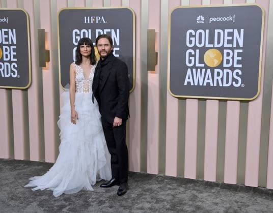 Felicitas Rombold and Daniel Brühl arrive for the 80th annual Golden Globe Awards at the Beverly Hilton in Beverly Hills, California on Tuesday, January 10, 2023.  LAP20230110714 JIMxRUYMEN