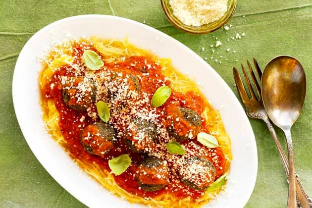 Spaghetti Squash with Homemade Marinara and Lentil Meatballs Spaghetti Squash with Homemade Marinara and Lentil Meatballs Copyright: xStephaniexMcKinniex SMC271022-1