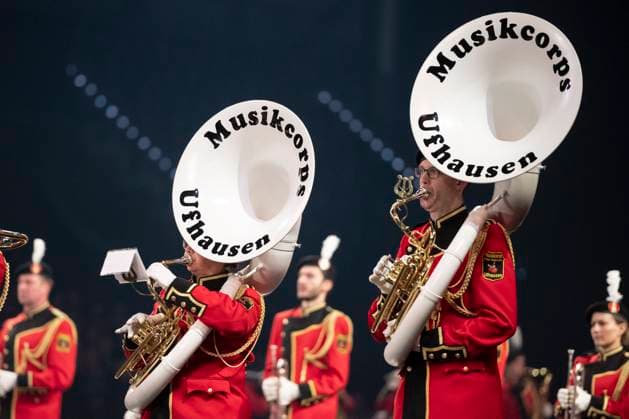 Leipzig, Deutschland 15. Januar 2023: Musikparade - Leipzig - 2023 Europas größte Tournee der Militär- und Blasmusik macht Station in Leipzig. Im Bild: Musikcorps Ufhausen Quarterback IImmobilien Arena Sachsen Copyright: xFotostandx xBallaschx