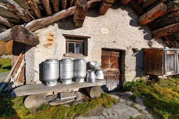 Hut von Kuhbauern mit Milchbehältern *** Hat from cow farmers with milk containers 1104301359