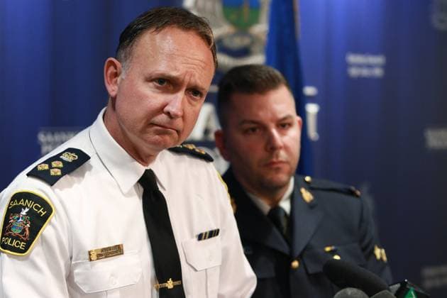 January 20, 2023, SAANICH, BC, CAN: Saanich Police Chief Dean Duthie speaks as RCMP Cpl. Alex Berube looks on as they provide an update from their investigative findings into the BMO Bank of Montreal shooting that happened on June 28, 2021 between officers and the suspects. Members of media were invited to ask questions about that day during a press conference at the Saanich Police Department in Saanich, B.C., on Friday, January 20, 2023. SAANICH CAN  - ZUMAc35_ 20230120_zaf_c35_038 Copyright: xChadxHipolitox