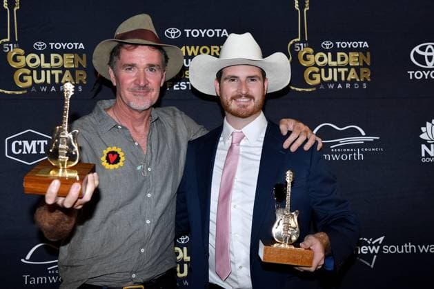TAMWORTH COUNTRY MUSIC FESTIVAL 2023, CMT Video of the Year winners Luke O?Shea (left) and Jay Seeney pose for a photograph at the Golden Guitar Awards during the 51st Tamworth Country Music Festival in Tamworth, NSW, Saturday, January 21, 2023. The 51st Tamworth Country Music Festival runs from January 13th -22nd, culminating in the Golden Guitar Awards night which celebrates the best of Australian country music. ( NO ARCHIVING, EDITORIAL USE ONLY, NO USE IN BOOKS WITHOUT CONSENT TAMWORTH NEW SOUTH WALES AUSTRALIA  Copyright: xBIANCAxDExMARCHIx 20230121001755018140
