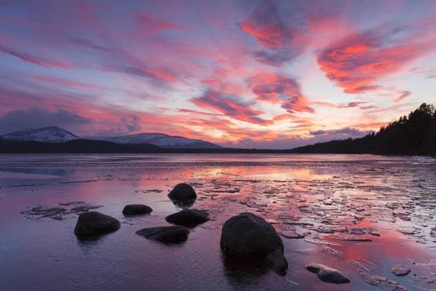 Loch Morlich bei Sonnenuntergang im Winter, Cairngorms National Park, Badenoch and Strathspey, Highland, Schottland, UK *** Hole Morlich at Sunset at Winter, Cairngorms National Park, badenoch and Strathspey, highland, Scotland, UK Copyright: imageBROKER alimdix xArterra ibltsm08888436.jpg