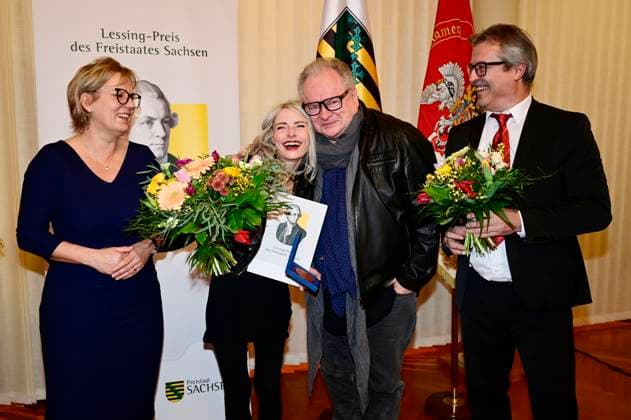 Barbara Klepsch, Sarah Lesch, Heinz Rudolf Kunze und Maik Weise bei der Verleihung des Lessing-Preises 2023 des Freistaates Sachsen im Rathaus. Kamenz, 21.01.2023