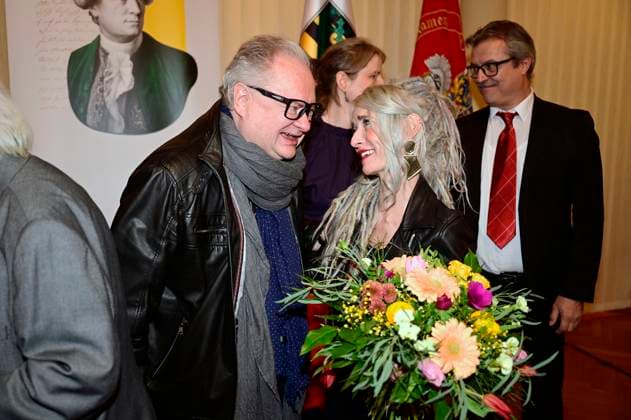 Heinz Rudolf Kunze und Sarah Lesch bei der Verleihung des Lessing-Preises 2023 des Freistaates Sachsen im Rathaus. Kamenz, 21.01.2023