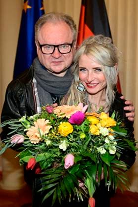 Heinz Rudolf Kunze und Sarah Lesch bei der Verleihung des Lessing-Preises 2023 des Freistaates Sachsen im Rathaus. Kamenz, 21.01.2023
