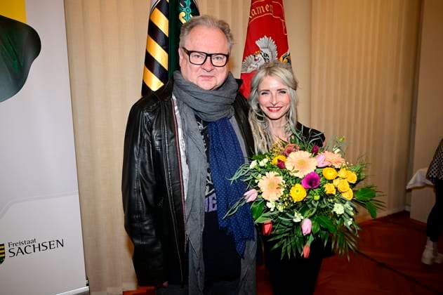 Heinz Rudolf Kunze und Sarah Lesch bei der Verleihung des Lessing-Preises 2023 des Freistaates Sachsen im Rathaus. Kamenz, 21.01.2023