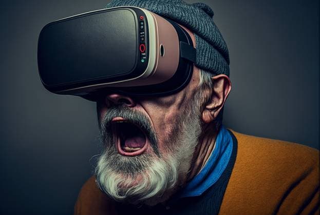 Generative AI illustration of astonished senior bearded male in casual clothes and hat screaming expressively while watching video in futuristic VR headset against gray background OierAso_ID12434_378120_015 Copyright: xOierxAsox Model Released