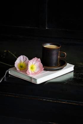 Iceland poppy flowers by coffee cup on diary over black piano, EVGF04217