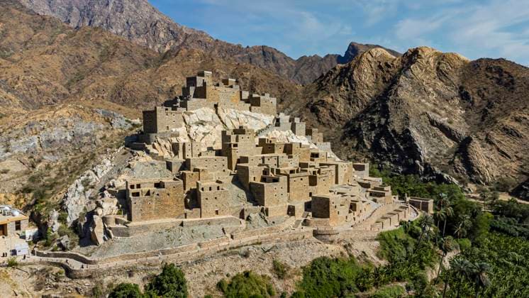Saudi Arabia, Al Makhwah, Zee Ain, Aerial view of ancient village built on summit of White Mountain, RUNF04841