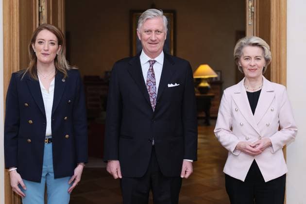Entertainment Themen der Woche KW04 Entertainment Bilder des Tages European Parliament chairwoman Roberta Metsola, European Commission president Ursula Von der Leyen and King Philippe - Filip of Belgium pictured at an audience with the King, ahead of the New Year s reception organized by the Royal Family at the Royal Palace in Brussels for the heads of the European institutions and the diplomats and chiefs of mission (ambassadors and consuls) accredited to the European institutions, Tuesday 24 January 2023.  BENOITxDOPPAGNE 58694758