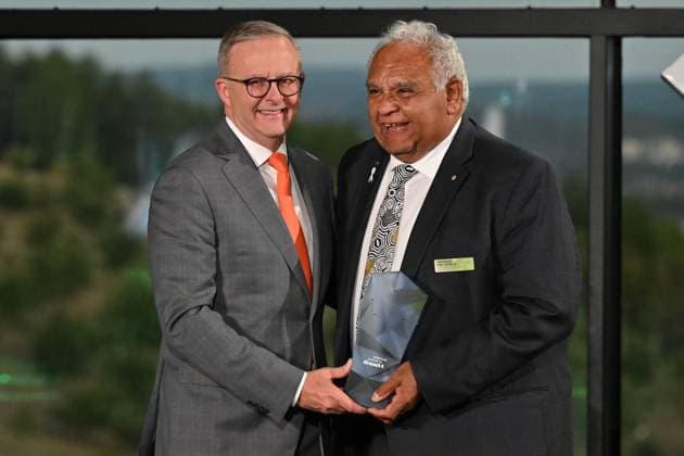 2023 AUSTRALIAN OF THE YEAR AWARDS, Prime Minister Anthony Albanese presents 2023 Senior Australian of the Year Tom Calma during the 2023 Australian of the Year Awards ceremony at the National Arboretum in Canberra, Wednesday, January 25, 2023. ( NO ARCHIVING, EDITORIAL USE ONLY, NO USE IN BOOKS WITHOUT CONSENT CANBERRA ACT AUSTRALIA  Copyright: xMICKxTSIKASx 20230125001756412994