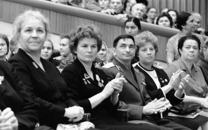 Moscow. USSR. June 28, 1963. Valentina Tereshkova (2nd L), a Soviet cosmonaut, the first woman to journey into outer space, a Hero of the Soviet Union, and Valery Bykovsky, a Soviet cosmonaut, a Hero of the Soviet Union, at a session of the World Congress of Women in the Kremlin Palace of Congresses. Valentin Sobolev TASS  16800194