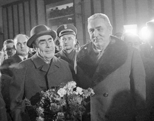 Warsaw, Polish People s Republic. General Secretary of the Central Committee of the Communist Party of the Soviet Union Leonid Brezhnev and First Secretary of the Central Committee of the Polish United Workers Party Edward Gierek (L-R, front) and Minister of National Defence of the People s Republic of Poland Wojciech Jaruzelski (center in the background) participate in the see-off ceremony at the Central Station. Vladimir Musaelyan, Valentin Sobolev TASS  24761607