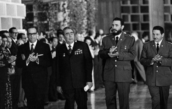 Havana, Cuba. President of the Republic of Cuba Osvaldo Dorticos Torrado, General Secretary of the Central Committee of the Communist Party of the Soviet Union Leonid Brezhnev, First Secretary of the Central Committee of the Communist Party of Cuba, Prime Minister of the Revolutionary Government of the Republic of Cuba Fidel Alejandro Castro Ruz and Second Secretary of the Communist Party of Cuba, Minister of the Cuban Revolutionary Armed Forces Raul Modesto Castro Ruz (L-R front) meet in the Central Committee of the Communist Party of Cuba. Vladimir Musaelyan, Valentin Sobolev TASS  17003925