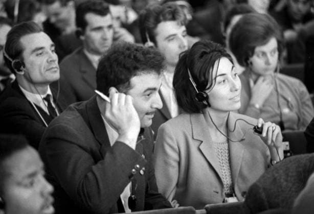 Moscow, USSR. September 22, 1964. Soviet delegate, engineer Akif Djafarov and Bulgarian delegate Yulia Kristeva (front) attend the session of the 2nd World Forum of Solidarity of Youth and Students in the Fight for National Independence and Liberation and for Peace in the House of the Unions. Alexey Stuzhin TASS  16920150