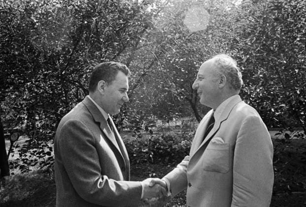 Moscow Region, USSR. Minister of Foreign Affairs of the USSR Andrei Gromyko and Vice Chancellor, Minister of Foreign Affairs of the Federal Republic of Germany Walter Scheel (L-R) meet at Andrei Gromyko s country residence in Ilyinskoye Village. Sergei Preobrazhensky TASS  32008584