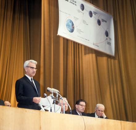 Moscow, USSR. October 28, 1970. President of the USSR Academy of Sciences Mstislav Keldysh (L) speaks at press conference dedicated to the successful flight and delivery of lunar soil to Earth by the Luna-16 Soviet Automatic Interplanetary Station in the Central House of Scientists. Valentin Sobolev TASS  1400641