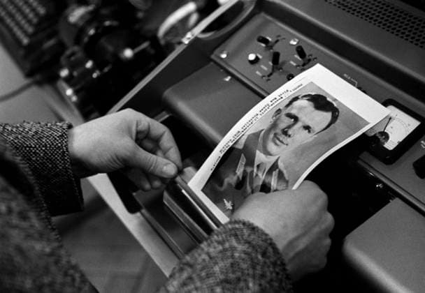Moscow. The USSR. April 14, 1961. A portrait of Yuri Gagarin, the first human to journey into outer space, is printed for further distribution in Prague. Valery Gende-Rote TASS  1418690