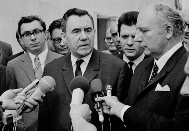 Moscow, USSR. Minister of Foreign Affairs of the USSR Andrei Gromyko sees off Vice Chancellor, Minister of Foreign Affairs of the Federal Republic of Germany Walter Scheel (L-R front) at Sheremetyevo Airport. Sergei Preobrazhensky TASS  17341242