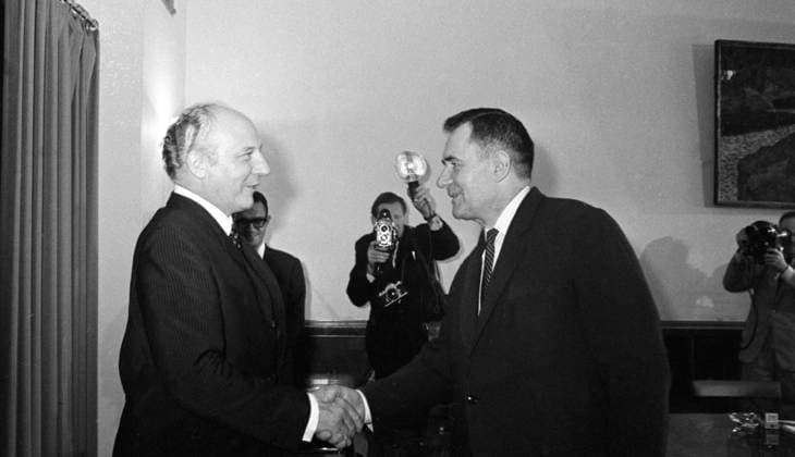 Moscow, USSR. Minister of Foreign Affairs of the USSR Andrei Gromyko and Vice Chancellor, Minister of Foreign Affairs of the Federal Republic of Germany Walter Scheel (L-R) meet at the Ministry of Foreign Affairs of the USSR. Sergei Preobrazhensky TASS  17404851