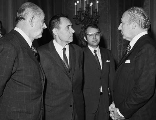 Moscow, USSR. November 28, 1971. Minister for Foreign Affairs of the USSR Andrei Gromyko (C front) talks to Vice Chancellor and Minister for Foreign Affairs of the Federal Republic of Germany Walter Scheel (R) and Ambassador of the FRG to the USSR Helmut Allardt (L). Valentin Mastyukov TASS  17600792