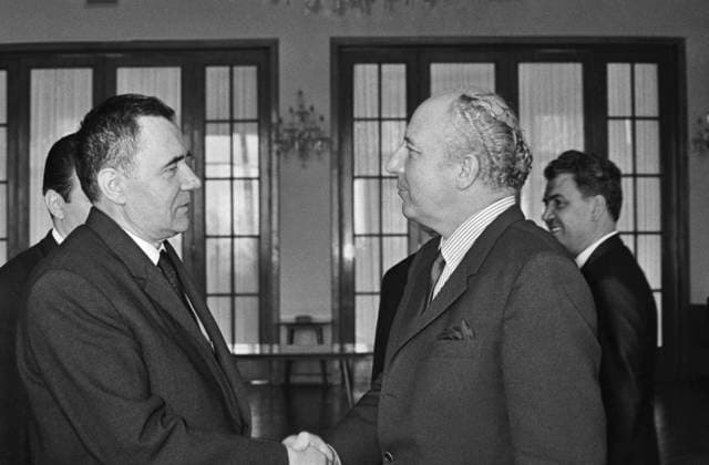 Moscow, USSR. Minister of Foreign Affairs of the USSR Andrei Gromyko and Vice Chancellor, Minister of Foreign Affairs of the Federal Republic of Germany Walter Scheel (L-R) have a conversation at business breakfast at the Ministry of Foreign Affairs of the USSR. Sergei Preobrazhensky, Alexei Stuzhin TASS  18069461