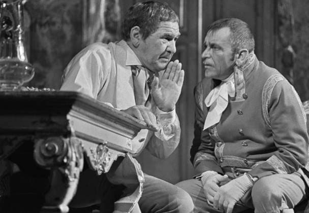 Moscow, USSR. June 18, 1967. Austrian actors Attila Hoerbiger as Wurzel and Hans Obonaya as Lorenz (L-R) perform in The Peasant as Millionaire production based on the fairy tail by Ferdinand Raimund on the stage of the Gorky Moscow Art Theatre during the tours of the Vienna Burgtheater to the USSR. Vasily Yegorov TASS  18333687