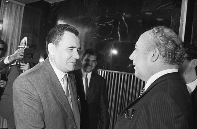 Moscow, USSR. Minister of Foreign Affairs of the USSR Andrei Gromyko and Vice Chancellor, Minister of Foreign Affairs of the Federal Republic of Germany Walter Scheel (L-R) meet at business breakfast, organised by W. Scheel, in the Ministry of Foreign Affairs of the USSR. Sergei Preobrazhensky, Alexei Stuzhin TASS  18694704