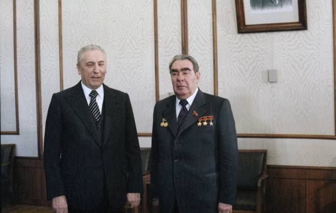 Moscow, USSR. April 18, 1978. General Secretary of the Communist Party of the Soviet Union, Chairman of the Presidium of the Supreme Soviet of the USSR Leonid Brezhnev (R) and First Secretary of the Polish United Workers Party Edward Gierek hold a meeting in the Kremlin. Eduard Pesov TASS  18814055