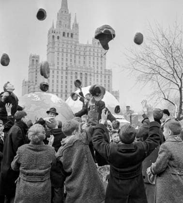 Moscow. The USSR. April 12, 1961. People celebrate a successful flight of Yuri Gagarin, the first human to journey into outer space, at the Moscow planetarium. Alexander Konkov TASS  19292020